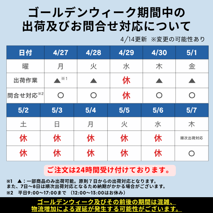 GWの出荷対応について