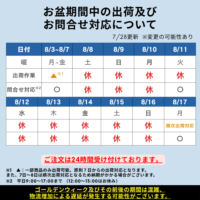 お盆期間中の出荷対応について